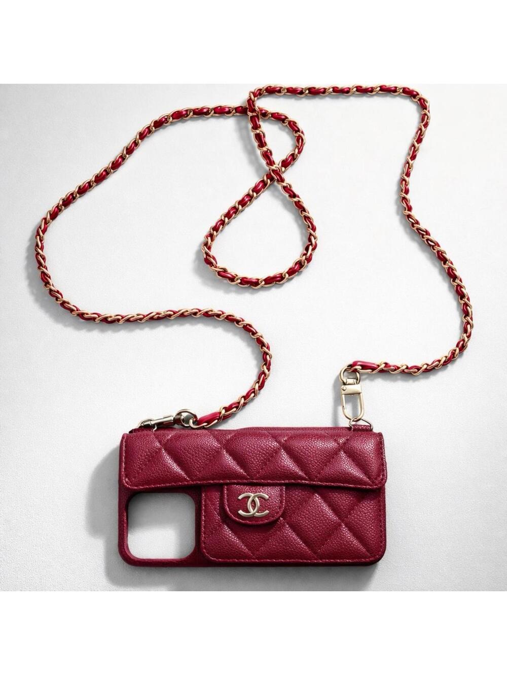 CHANEL Quilted Red Leather Phone Case with Gold Chain Strap